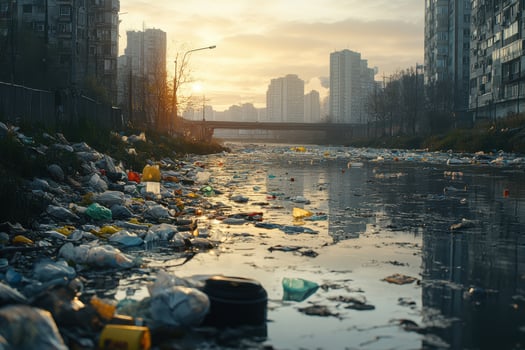 Garbage and plastic bottles are floating in a river photo
