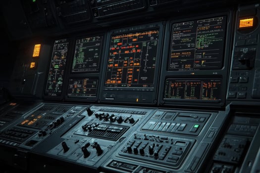 The cockpit of a spaceship with many controls photo