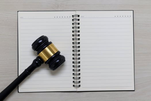 Top view. judge gavel and notebook photo