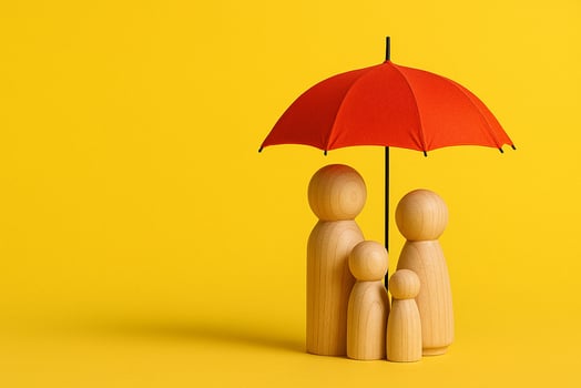 Wooden peg family figurines standing under a red umbrella on yellow background symbolizing family insurance and safeguarding photo