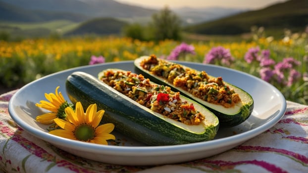 Two stuffed zucchini boats sit on a plate with flowers photo