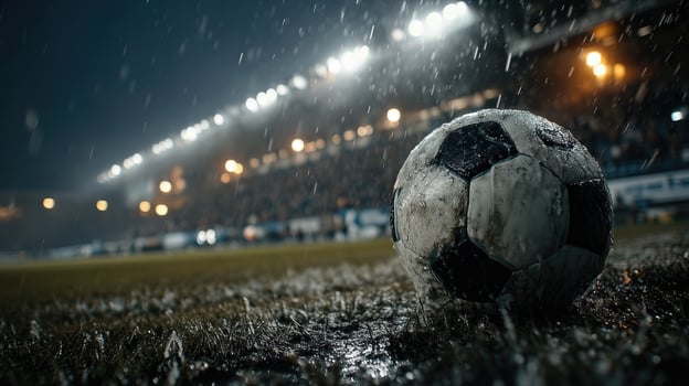 Glowing stadium lights illuminate a wet soccer field during a rain-soaked match at night photo