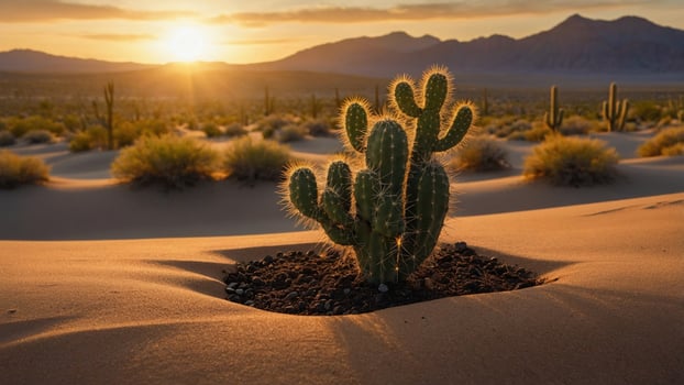 Cactus in the desert at sunset photo