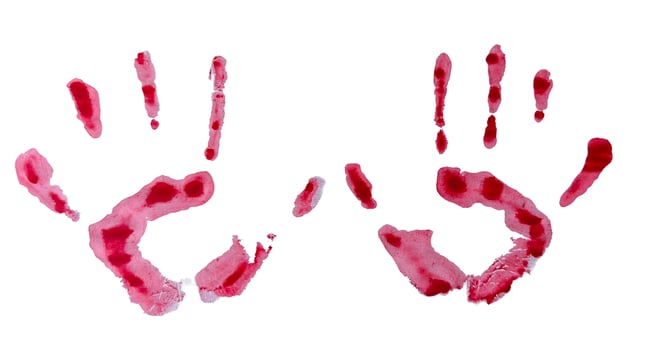 Two red bloody handprints on a white background reminiscent of blood or ink, perfect for horror themes, Halloween or dramatic visual design. photo