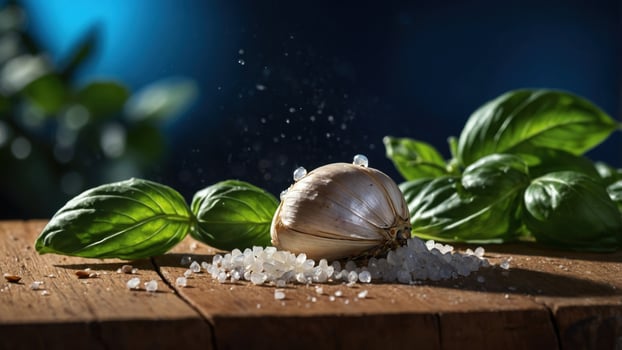 Close-up of a garlic bulb surrounded by fresh basil leaves and coarse salt on a wooden surface photo