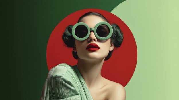 Studio portrait of a stylish fashion model showcasing green sunglasses, red lipstick, and elegant attire against a vibrant backdrop featuring green, red, and pastel green circles photo