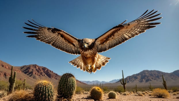 Majestic hawk soaring over a desert landscape with cacti, showcasing nature's beauty and wildlife photo
