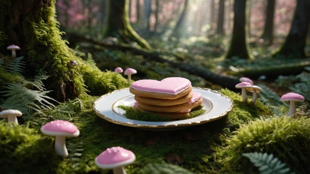 A plate of cookies in the forest with pink hearts photo