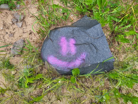 A large black stone with a cheerful face painted in lilac lies in the grass by the road photo