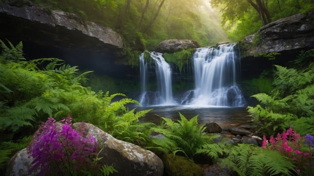 Beautiful waterfall in the forest with flowers and plants photo