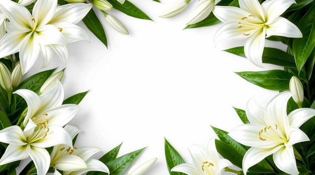 White Lilies Frame Elegant Floral Border on White Background Perfect for Wedding Invitations Sympathy Cards or Floral Designs photo
