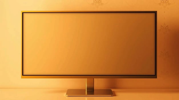 A computer monitor on a table in front of a wall photo