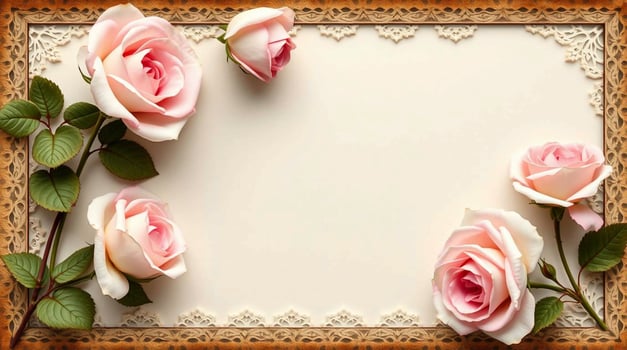 Pink roses are in a frame with lace photo