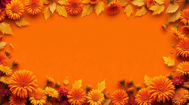 Vibrant Autumnal Floral Frame Orange Yellow Flowers and Leaves on a Rich Background photo