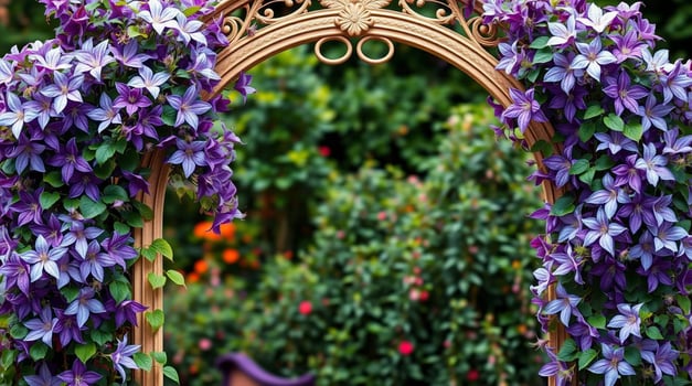 A wooden archway with purple flowers growing on it photo