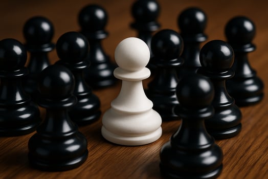 White pawn opposing black pawns with one black knight on wooden board photo
