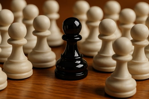 Black pawn integrated within surrounding natural wooden pawns lineup photo