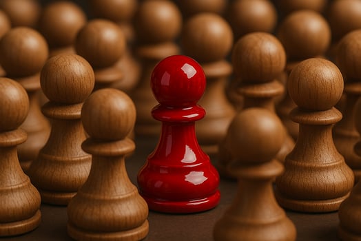Red pawn standing out among uniform natural wooden pawns on surface photo