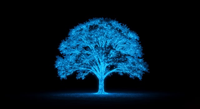 Glowing Blue Digital Tree Abstract Art on Black Background photo
