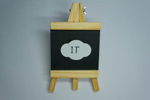 Minimalist IT Message on Fabric Display with Wooden Stand and a cloud photo
