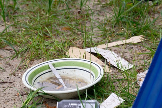 Old dirty plate with spoon and trash on wet ground photo