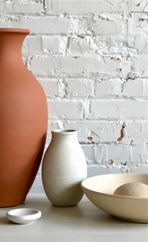 Three vases and a bowl sit on a table photo