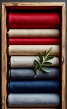 A wooden box with several different colored fabrics photo