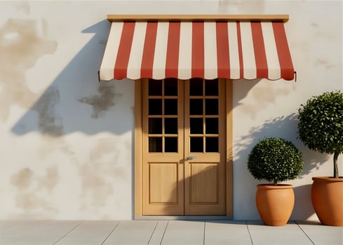 A red and white awning is on a white wall photo