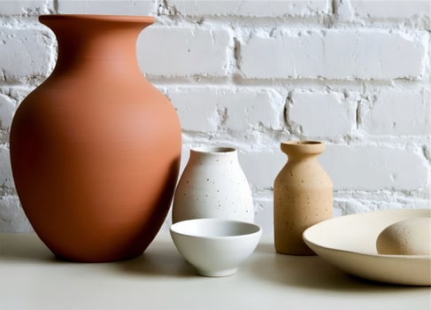 A white brick wall, a brown vase, and a bowl photo
