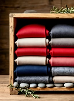 A wooden box with several folded red and blue shirts photo