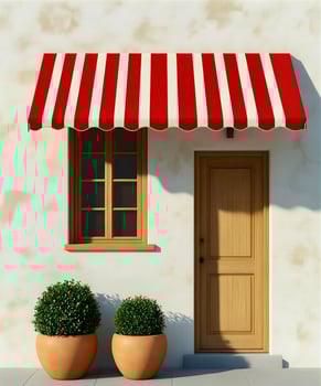 A red and white awning is on the front of a house photo