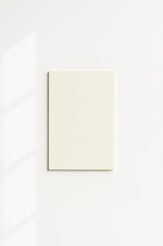 Blank vertical card, poster on a white wall with soft sunlit shadows. Clean minimal mockup, neutral tones and wide copy space for branding or design display. photo