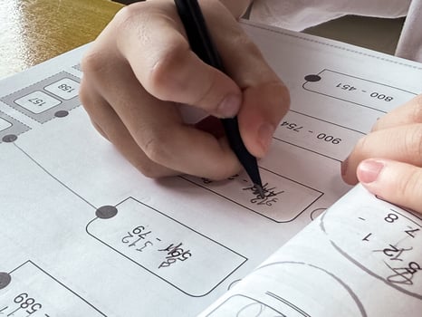 A young student sits at a wooden desk working on basic math exercises, steadily developing essential problem solving skills.q photo