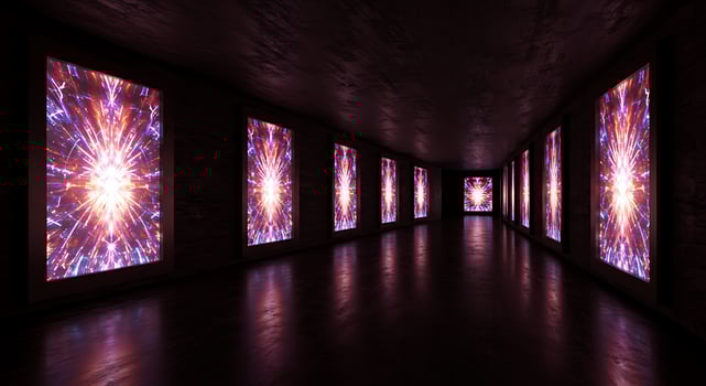 Dark Art Gallery Room with Multiple Digital Fireworks Displays on Walls photo