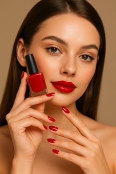 Woman holding red nail polish closeup. Concept of beauty, fashion, cosmetics, nail care, and elegant feminine style. photo