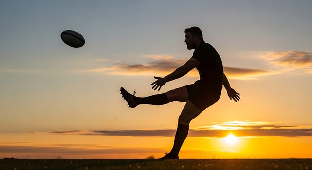 Silhouette of rugby player kicking ball against vibrant sunset sky with scattered clouds view photo