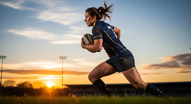 A female rugby player running with the ball during sunset on a grassy field with stadium lights visible photo