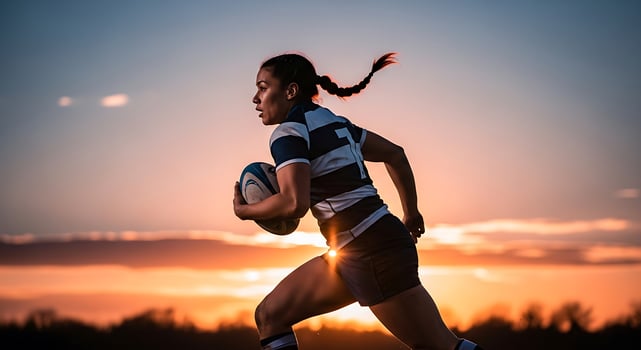 Female rugby player running with the ball during sunset with a determined look on her face outdoors photo