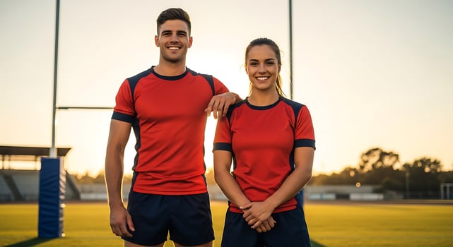 Two smiling rugby players in red and blue uniforms posing on a sunny field with goal posts behind them photo