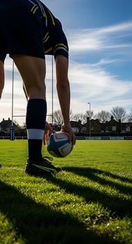 Rugby player preparing to kick the ball on a sunny day at the field with goalposts in the background photo