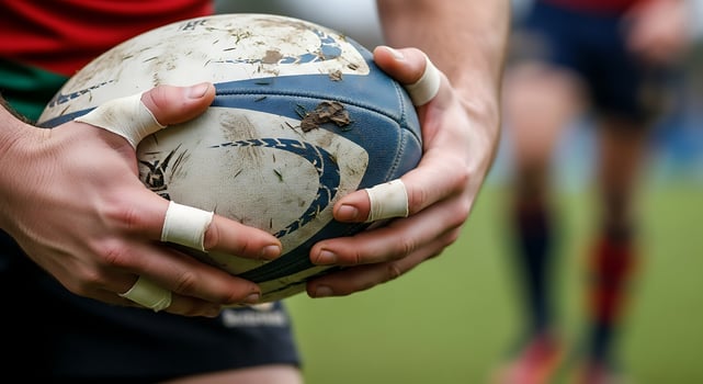 Close up of hands holding a dirty rugby ball with tape on fingers ready for the game on the field photo