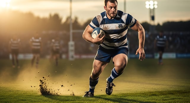 Rugby player running with the ball on a grass field during a game with other players and bright lights photo