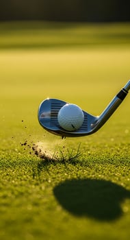 A close up shot of a golf club hitting a ball on the green grass during a sunny day outdoors photo