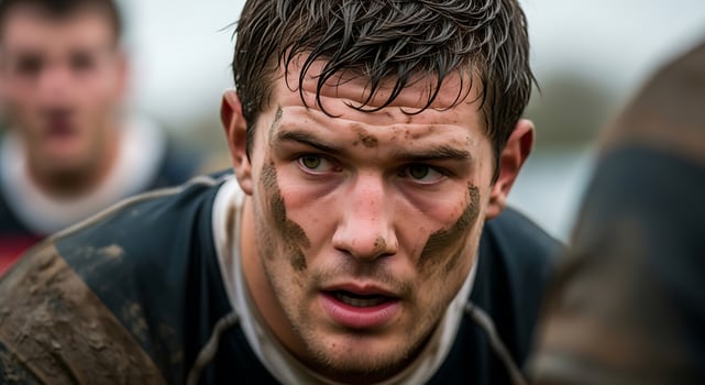 Close up of a muddy rugby player with intense gaze during a game with teammates blurred behind him photo