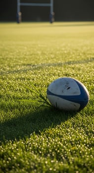 A rugby ball resting on dew covered grass with goal posts blurred in the background on a sunny day photo