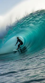 A surfer in a black wetsuit riding a turquoise wave with white foam on a sunny day in the ocean photo