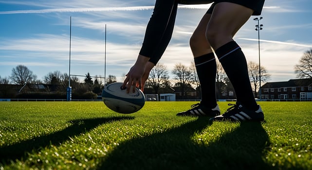 Rugby player placing the ball on the field for a kick with goal posts and sky in the background view photo