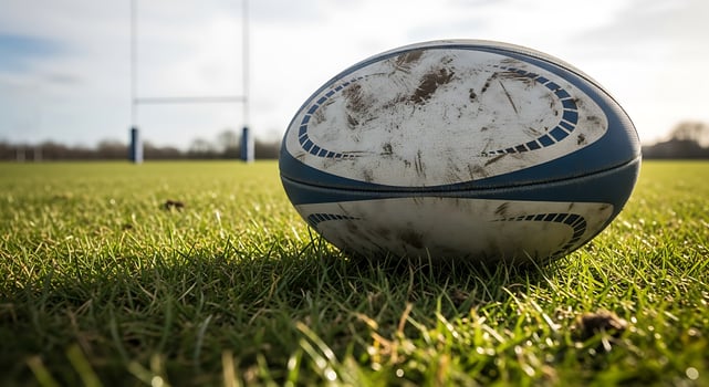 A rugby ball sits on a green grass field with goal posts in the background on a sunny day outdoors photo