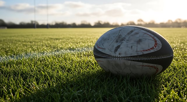 A rugby ball resting on a lush green field with a white line and trees in the background on a sunny day photo