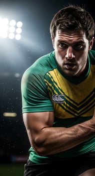 Close up of determined rugby player in green and yellow jersey under bright stadium lights looking intense photo